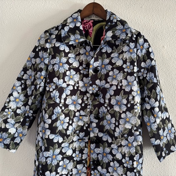 Sam Chen Brocade A-Line Coat M/L Forget Me Not Floral Designer New Dark Romance - Picture 3 of 16